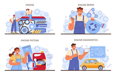 Car repair service set. Automobile engine got fixed in car workshop