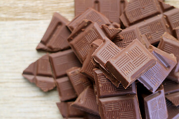 Top View of chocolate chunks pile on wooden background with copy space