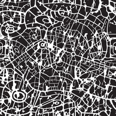 Abstract seamless pattern, similar to the roads map or streets plan of a large city. Black and white vector repeating background with chaotic lines. Suitable for wallpaper, wrapping paper, fabric