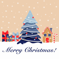 Merry Christmas greeting card with Christmas tree, presents, candy and gingerbread house. Vector illustration.