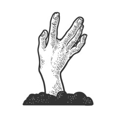 Zombie hand climbs out of the grave sketch engraving vector illustration. Halloween party symbol. T-shirt apparel print design. Scratch board imitation. Black and white hand drawn image.