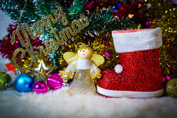 Red Santa claus boot and chrismas doll