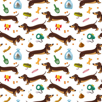Cute cartoon dachshunds, leash, poop, medal and pet grooming. Seamless pattern with a dog on a white background. Children s funny illustration, drawing by hand. Newborn print, print design.