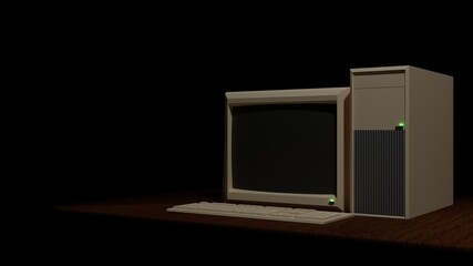 old computer monitor and Old personal computer on the table in the black background. 3d rendering