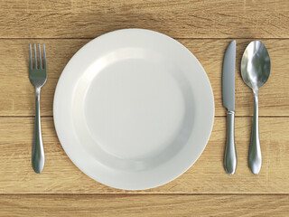 Plate and silverware on wooden table top view 3d rendering