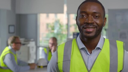 African foreman in reflective vest looking at camera standing in modern office. Portrait of positive architect looking at camera with colleagues working on background