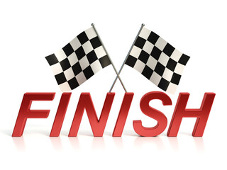 Finish flags and red finish letters on white background 3d rendering