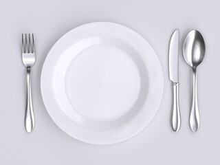Plate and silverware top view 3d rendering