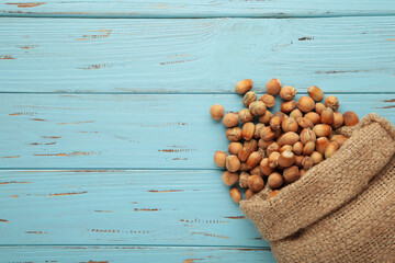 Hazelnuts, filbert in burlap sack on blue wooden backdrop. Hazelnut background, healty food