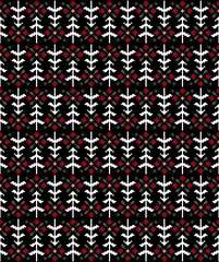 Seamless pattern with firs and flowers in scandinavian folk style. Pixel emboidery effect. Stock illustration for web and print, wallpaper, background, textile, scrapbooking and wrapping paper.