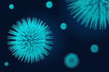 Blue cells virus, covid-19 concept on dark background. 3D illustration