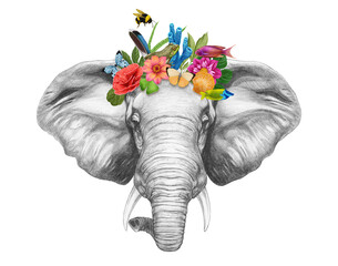 Portrait of Elephant with a floral crown.  Flora and fauna. Hand-drawn illustration, digitally colored.
