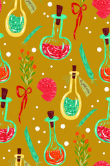 Seamless pattern with witch craft, potion bottle, herbs, feather, bow and shell. can be used as textile pattern, wallpaper.