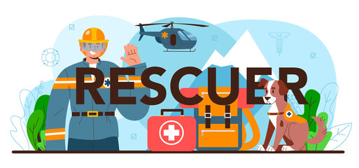 Rescuer typographic header. Emergency help, ambulance lifeguard