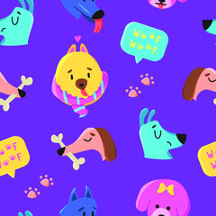Vector seamless pattern with cute dog faces isolated on purple background. Perfect for fabric, wallpaper, textile, nursery. Woof woof.