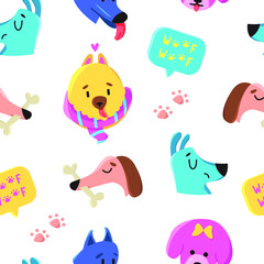 Vector seamless pattern with cute dog faces isolated on white background. Perfect for fabric, wallpaper, textile, nursery. Woof woof.