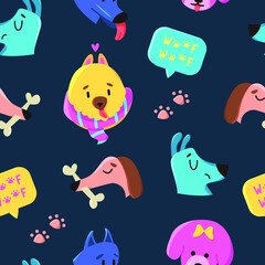 Vector seamless pattern with cute dog faces isolated on dark blue background. Perfect for fabric, wallpaper, textile, nursery. 