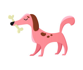 Vector illustration of a dog holding a bone in his mouth. Isolated on white background.