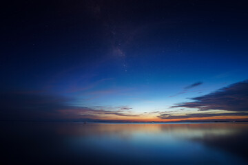 The twilight sky with star at the lake.