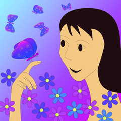 Girl with a butterfly on her hand against a background of flowers. Vector illustration.