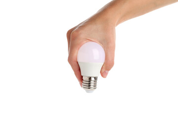 Female hand holds energy saving bulb, isolated on white background