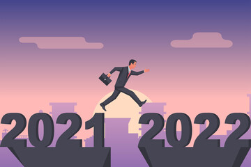 Man businessman jumps from 2021 to 2022 on background city. Vector illustration flat design. Big numbers. Forward to future.