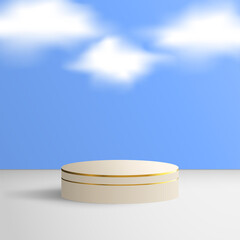 3D cylindrical podium vector illustration with gold decoration. Empty pedestal concept for fashion and cosmetic display