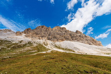 South face of three peaks of Lavaredo (Drei Zinnen or Tre Cime di Lavaredo), famous mountain peaks of the Sesto Dolomites, UNESCO world heritage site, Trentino-Alto Adige and Veneto, Italy, Europe.