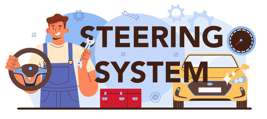 Steering system typographic header. Car repair service. Automobile