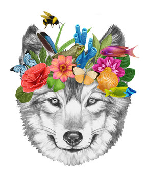 Portrait of Wolf with a floral crown.  Flora and fauna. Hand-drawn illustration, digitally colored.