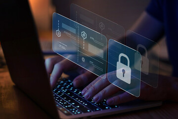 cybersecurity concept, internet security, screen with padlock - 459465972