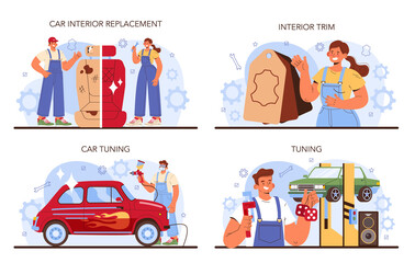 Car tuning set. Automobile interior got replaced in car workshop. Mechanic
