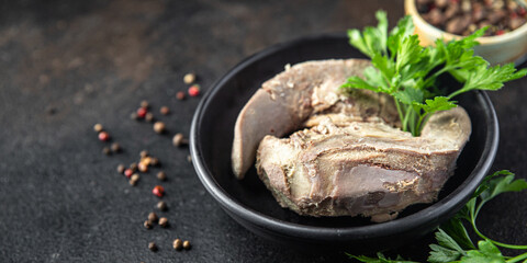 pork tongue cooked meat boiled fresh portion ready to eat meal snack on the table copy space food background rustic. top view keto or paleo diet