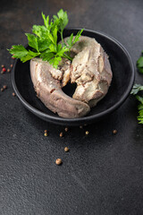 pork tongue cooked meat boiled fresh portion ready to eat meal snack on the table copy space food background rustic. top view keto or paleo diet