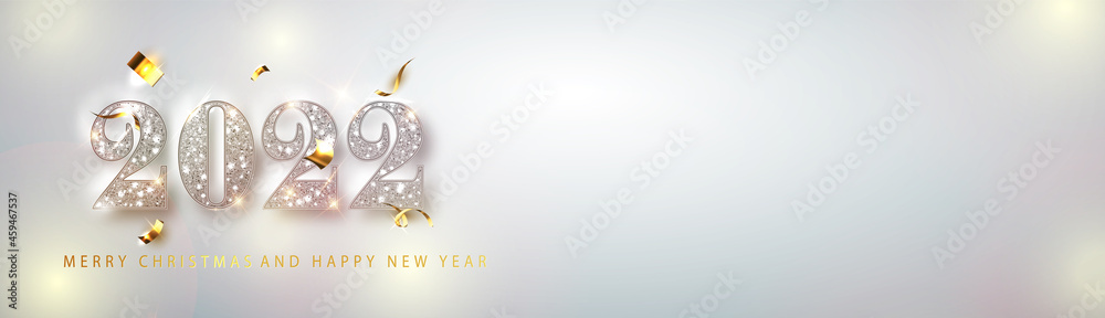 Wall mural happy new year 2022 banner. silver vector luxury text 2022 happy new year. festive numbers design. h