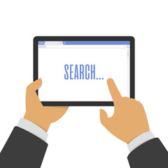 Tablet with search web browser window in hand. Browser on the tablet screen. Surfing the internet business concept. Using digital tablet. Vector illustration. EPS 10.