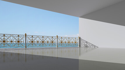 White empty interior with iron railings. Classic white handrails with gold decor. Modern blacksmithing. Perspective. Floor tiles. Sea view. Balcony, terrace. Blue sky. Shadow. 3d render.	