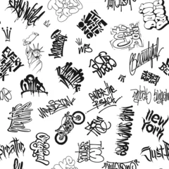  Vector graffiti tags, urban elements seamless pattern. Element for t-shirt design, textile, banner. © rosovskyi