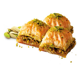 Turkish baklava cake with pistachio filling and photos of natural pistachio nuts