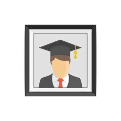 Graduate in photo frame. Man in a black suit with a tie and square academic cap. Graduation concepts. Student avatar sign. Vector illustration. EPS 10.
