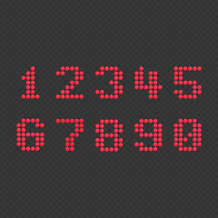 Calculator digital numbers set. Modern electronic figures isolated on black background. Bright Numbers template. Electronic figures. LED display timer. Light red dial isolated on a black background.