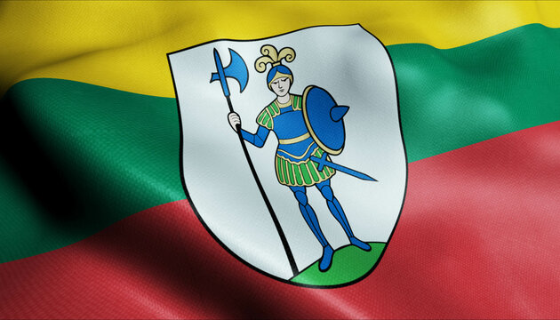 3D Waving Lithuania City Flag of Daugai Closeup View.