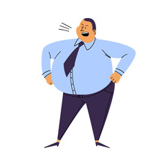 Screaming man isolated. Cartoon fat man stands akimbo. An irritated person in a blue shirt and trousers stands in a pose on a white background.
