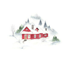 Winter landscape with red country house, trees and mountains. Christmas watercolor background for travel, invitation or greeting cards, poster of symbols winter vacation in cottage on nature.