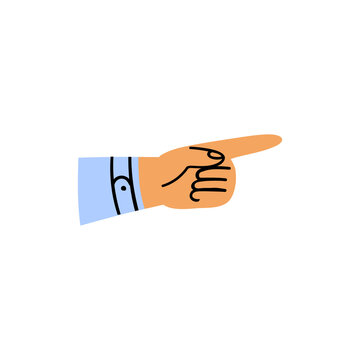 Cartoon hand pointing to the right. One arm in a sleeve with a forefinger in a blue shirt. Hand drawn hand pointing gesture on white background. Vector stock illustration of body part isolated.