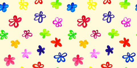 Fototapeta na wymiar Simple colored funny hand-drawn watercolor flowers, seamless pattern for baby clothes