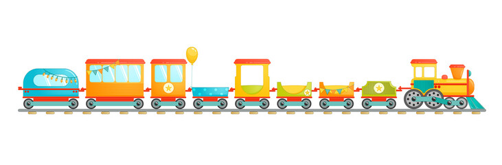 Kids train toy in cartoon style. Vector illustration isolated on white background.