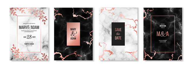 Elegant wedding invitation cards set template with marble texture and rose gold frame elements. Vector illustration. Save the date modern floral design with pink leaves