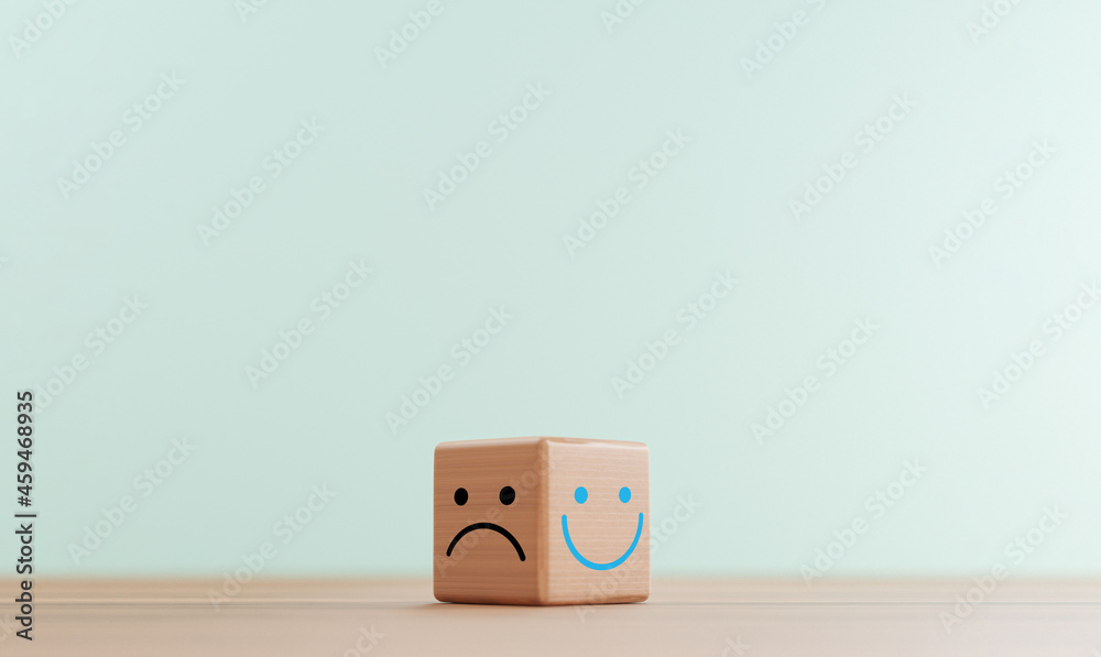 Poster Smile face print screen on bright wooden cube block and sadness face on dark side for customer service evaluation and emotion mindset concept by 3d render.