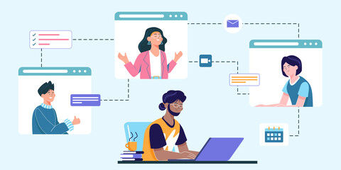 Virtual video conference concept. Online meeting with group of remote workers on computer screen. Webinar, team meeting, work remotely. Flat vector illustration.